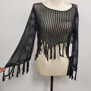 Tini Bikini Womens Open Knit Fairy Grunge Fringe Sweater Size M Black Witchy